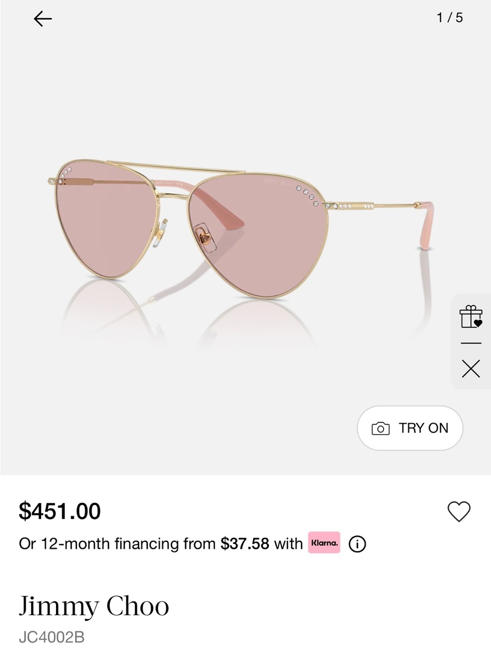 Jimmy Choo Gold Frame Pink Lens Aviator Sunglasses with Crystal Accents